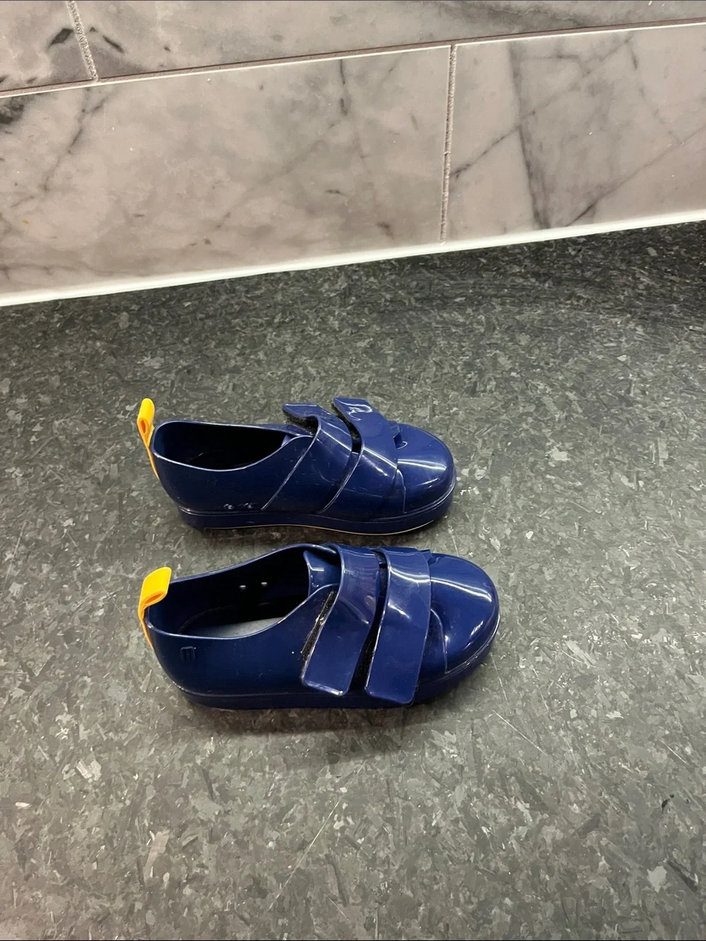 Kids MINI MELISSA Navy Blue Slip-On Shoes with Yellow Pull Tab